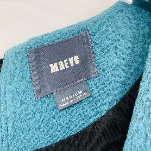 Maeve Anthropologie Size Medium Teal & Black Splitshade Tulip Hem Vneck Dress - Picture 7 of 10